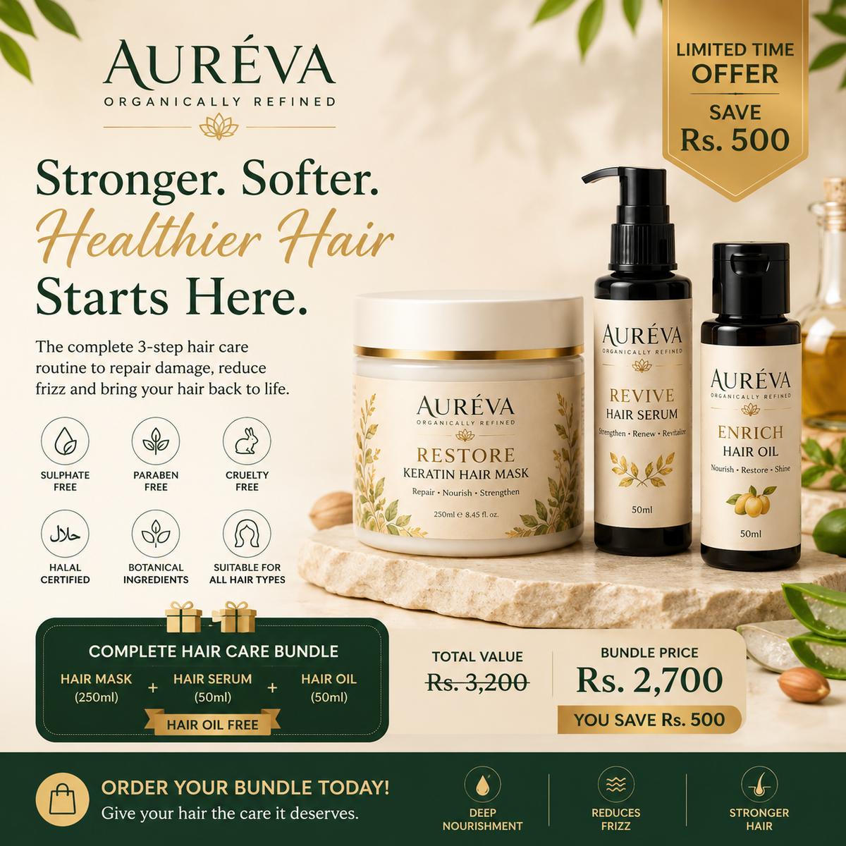 Auréva Complete Hair Care Bundle – Keratin Hair Mask, Hair Serum & Hair Oil for Dry & Damaged Hair